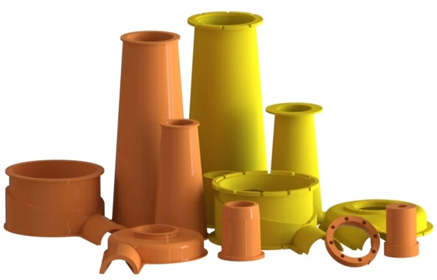 Hydrocyclone liner components: inlet head, vortex finder and cone sections