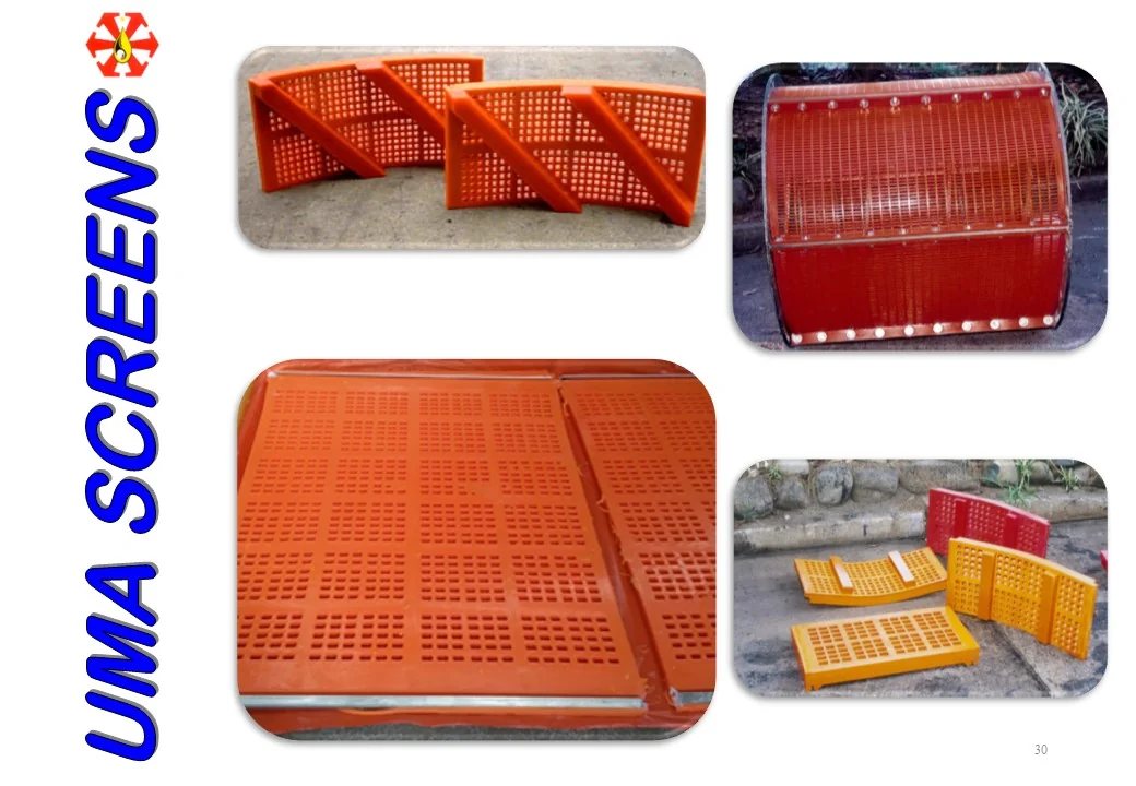 A range of OXY-PRO® screens: curved trommel sections, a lined trommel drum and flat tension panels